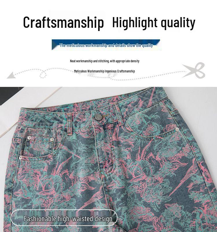2025 Frühjahr/Herbst High-Waist Bedruckte Weitbeinige Jeans für Damen: Schlankmachende, locker sitzende, lange Hosen