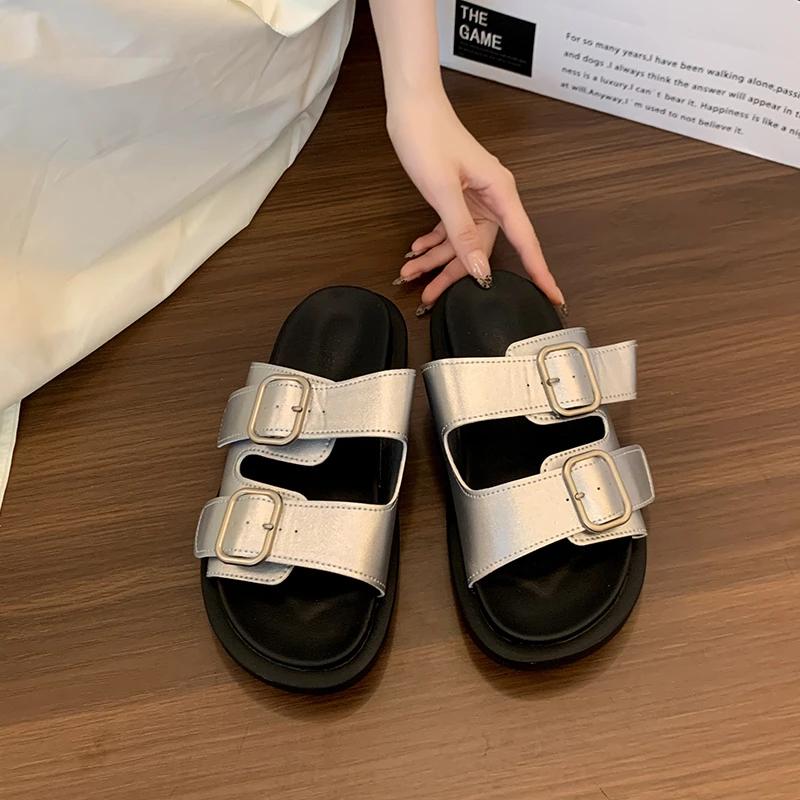 Women's Shoes  Fashion Open Toe Women's Slippers New Belt Buckle Outdoor Casual New Summer Best Seller Rome Flat Slippers