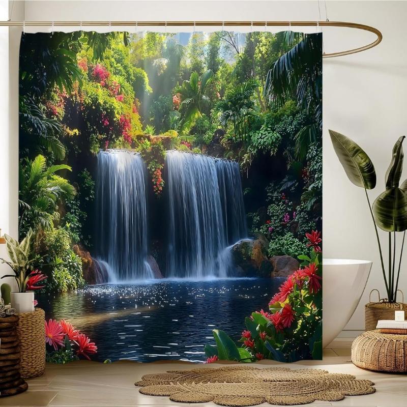 Rainforest Waterfall Shower Curtain Tropical Forest Nature Green Tree Jungle Nature Landscape Bathroom Decor Curta (as the picture,W90xH180cm-35x70in)