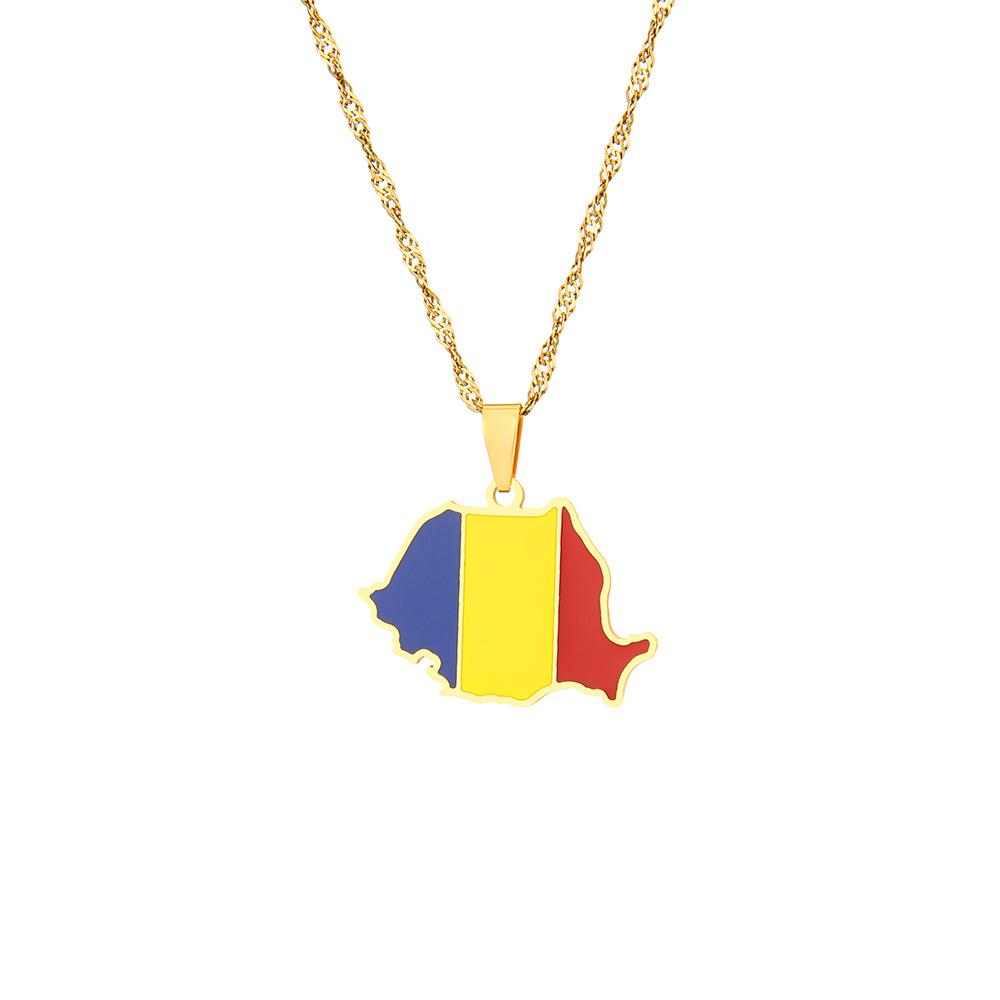 Romanian Stainless Steel Map Necklace – Ethnic Geometric Pendant Clavicle Chain for Women