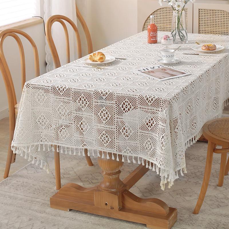 American Retro Beige Crochet Tablecloth - Knitted Non-Slip Hollow Design