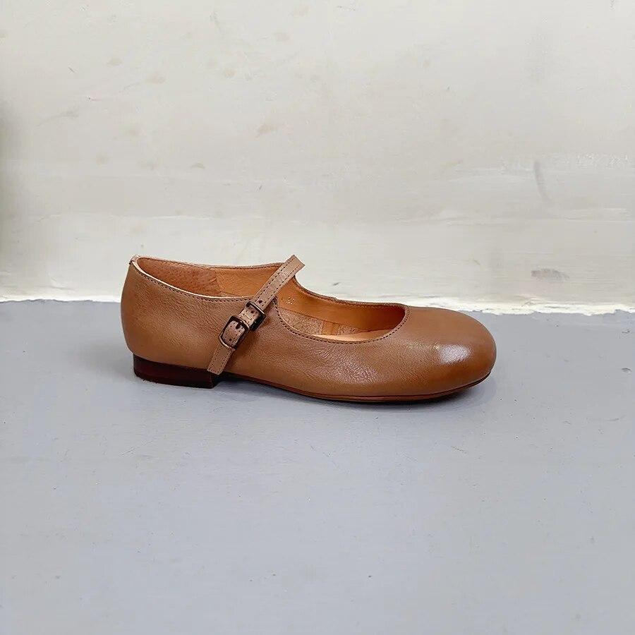 Johnature Chaussures à talons bas en cuir véritable avec boucle peu profonde, escarpins polyvalents à bout rond de couleur unie pour femmes