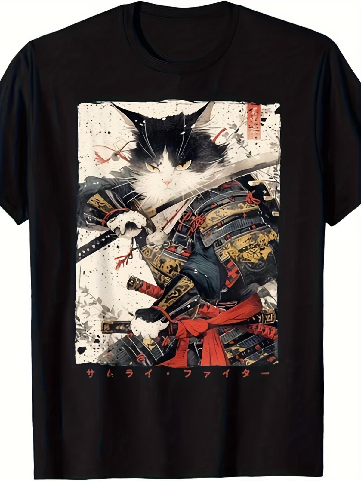 Samurai Cat Warrior Ukiyo-e Ink Art T-Shirt - History & Manga Fans - Unisex 180g L