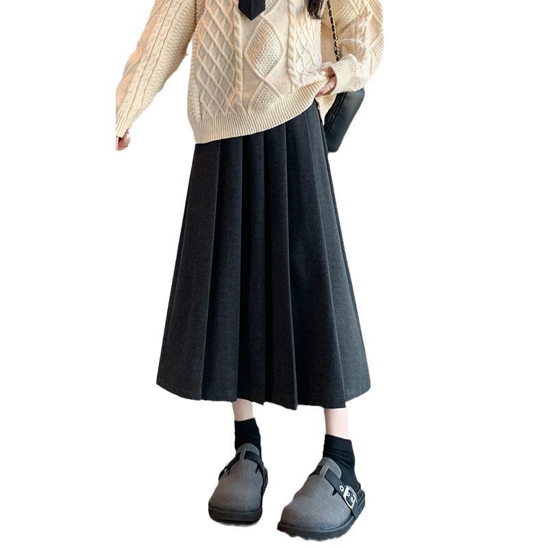Women's High Waist Wool Pleated Skirt with Belt – Plus Size, Retro, Mid-Length for Autumn and Winter
