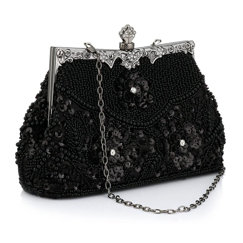 Women Embroidered Beaded Sequin Evening Handbag Vintage Shoulder Bag Purse for Wedding Bridal Prom Party Elegant Top Handle Bag