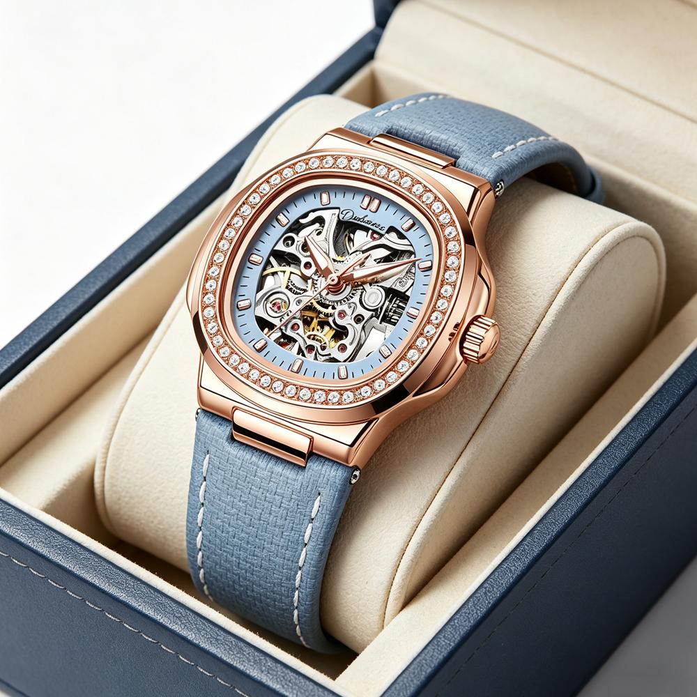 Ladies Automatic Watch Skeleton Mechanical Sky Blue Strap Fashion Diamond Crystal Evening Banquet Dress Watches for Women