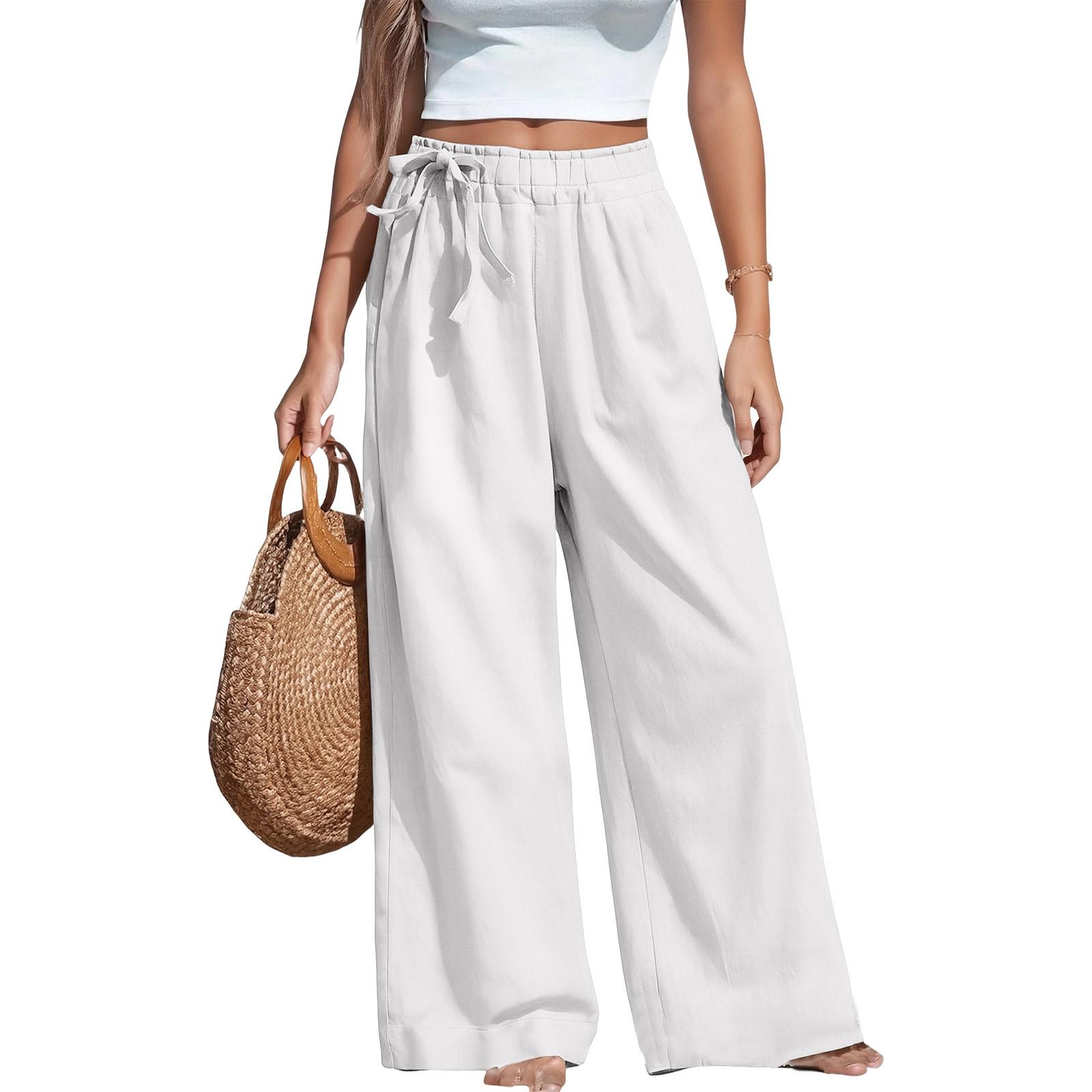 

Fashionable Women s Summer Cotton And Hemp Thin High Waist Side Strap Retro Artistic Elastic Casual Pants For Women XL білий