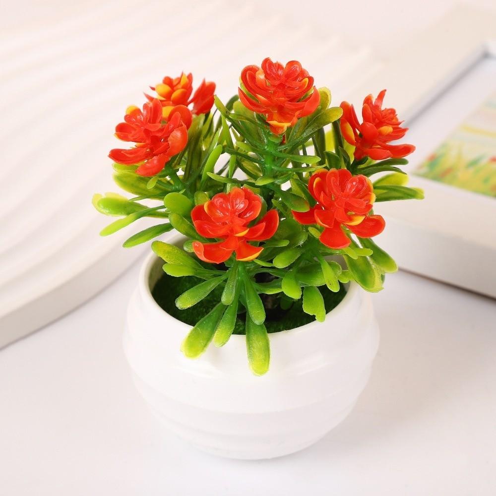 7 Flowers Artificial Potted Plant Small with White Pot Artificial Faux Plants Multi-Bloom Plastic Fake Flower Bonsai