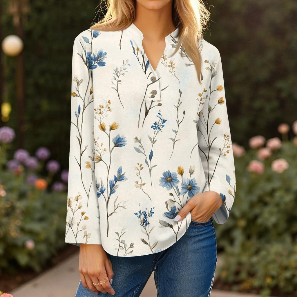 Women's Fashionable And Casual Shirt Long Sleeve V-neck Button Printed Blouse Top