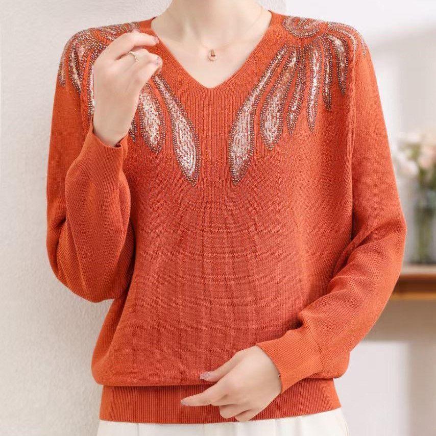 Spring Autumn Women's V-Neck Sweater Loose Rhinestones Pullover Knit Top Solid Color Plus Size Sweater