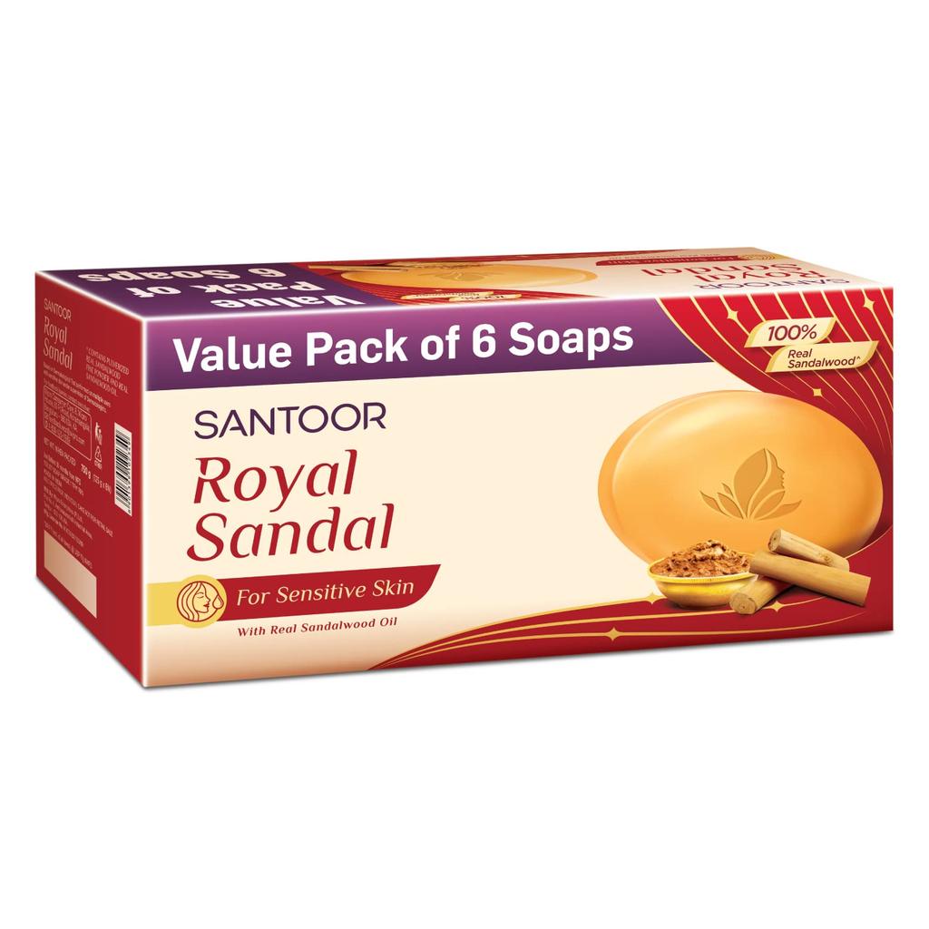 Santoor Royal Sandal Bathing Soap for Sensitive Skin Creamy Moisturizers Real Sandalwood Oil Long Lasting Fragrance Pack of 2 (125g X 6N)