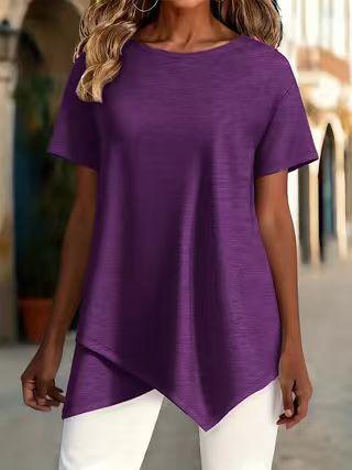 women's Solid Color Short Sleeve Irregular Hem Round Neck Loose Fit Casual Tunic Top Blouse