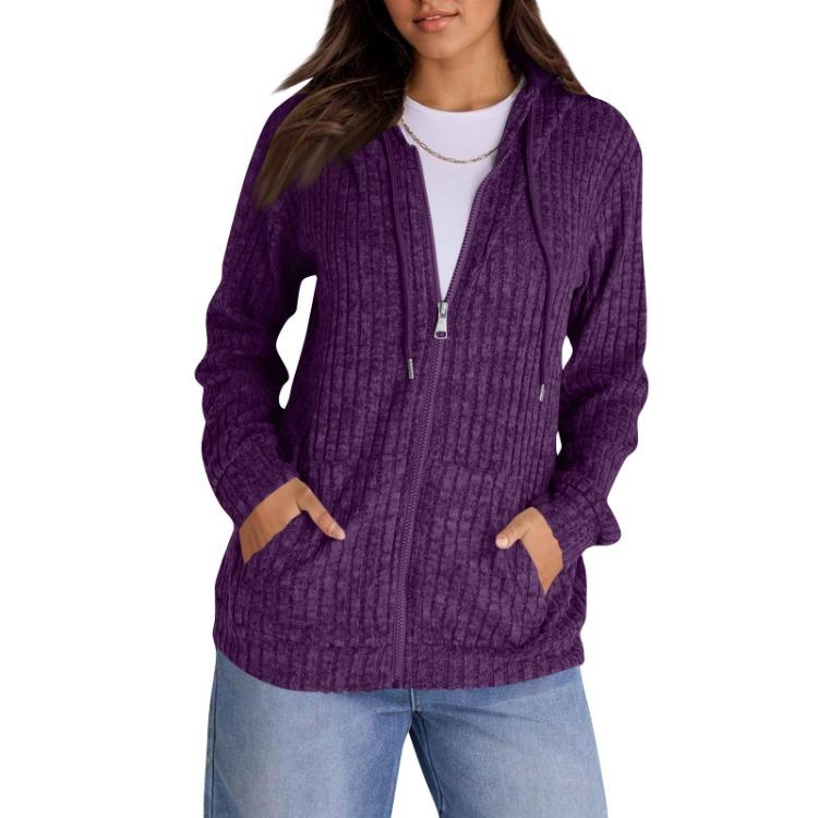 Long Sleeve Plaid Hooded Knit Jacket Pullover Loose Fit Autumn Winter New S фиолетовый