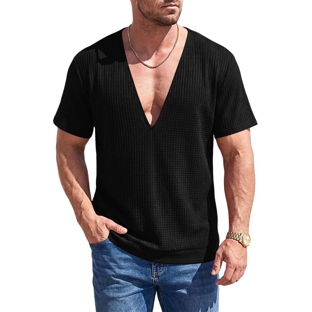 Men's Waffle Texture Deep V Neck Short Sleeve T Shirt Loose Fit Oversized Breathable Casual Tee for Summer and Everyday Wear