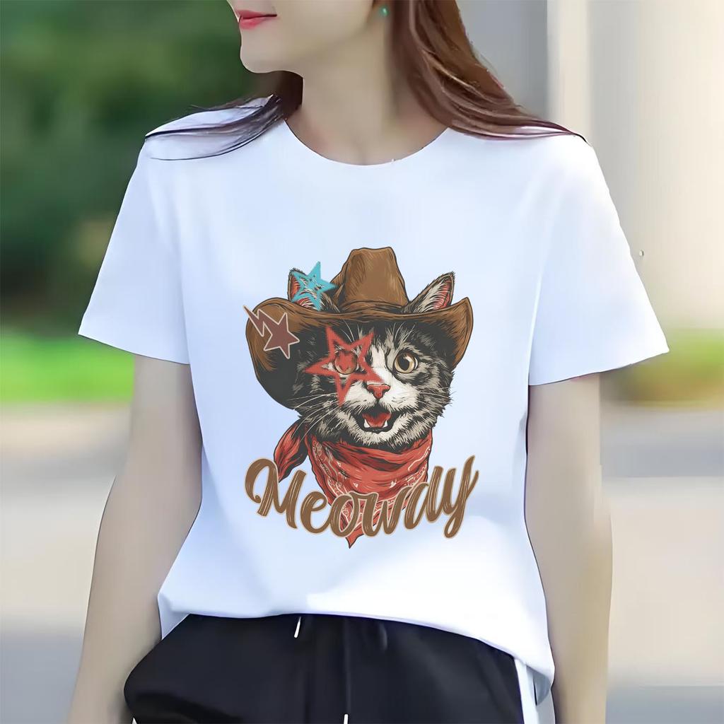 Fashion denim cat letter printed Womens short sleeved Tshirt with summer round neck versatile for daily use