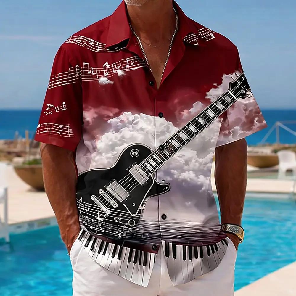 Music Lover's Short Sleeve Shirt, Guitar Piano Print, Casual Summer Essential