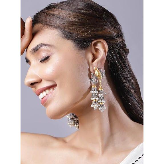 Silver & Gold Dual-Plated Oxidised Long Tree Motif Engraved Dome Jhumka Earrings for Women – Festive & Traditional Looks