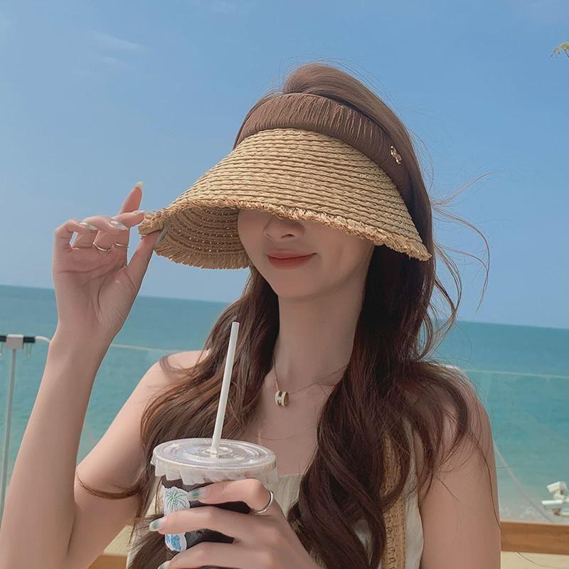 

8539 Summer Big Brim Straw Woven Topless Hat Outdoor All-Matching Beach Sun Protection Straw Hat Travel Fashion Sun Hat Children Elegant coffee