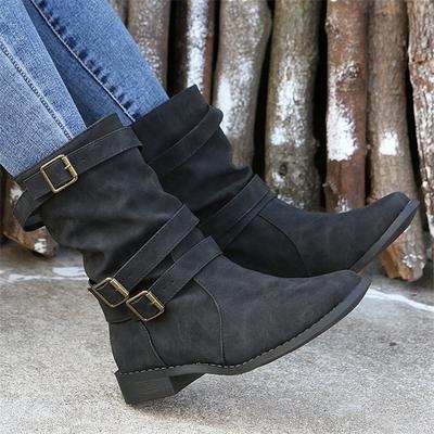 Medium Boots, European and American Short Boots, Retro Martin Boots, Belt Buckle Solid Color Low Heel Large Size Fashion Boots