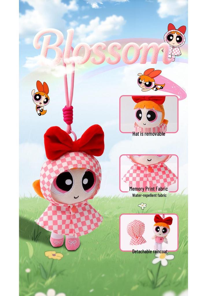 Powerpuff Girls Plaid Plush Raincoat Pendant with Detachable Bag