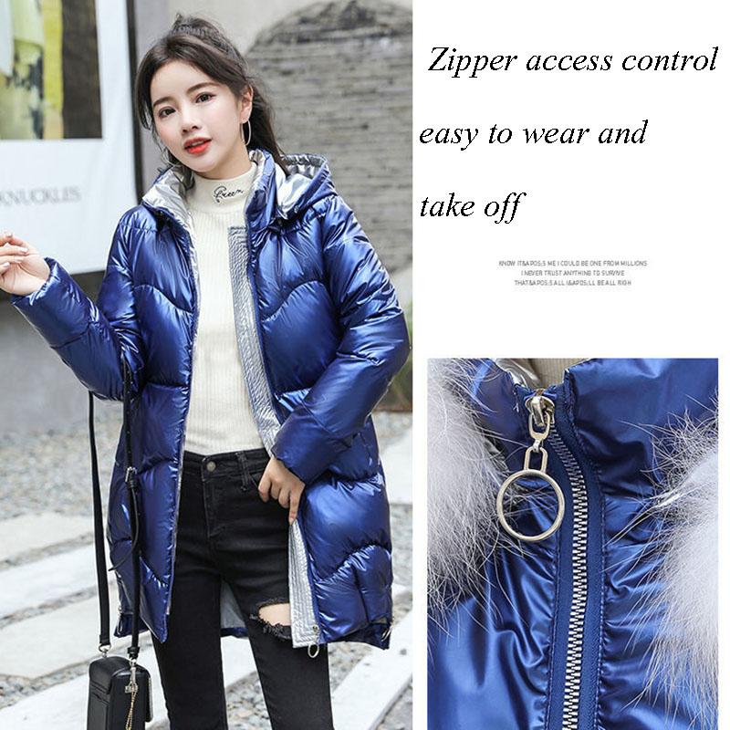 Winter Women Mid-length Parkas Jackets Casual Female Thicken Warm Hooded Jackets Coat Windprood Shiny Parka Coat with Fur Collar
