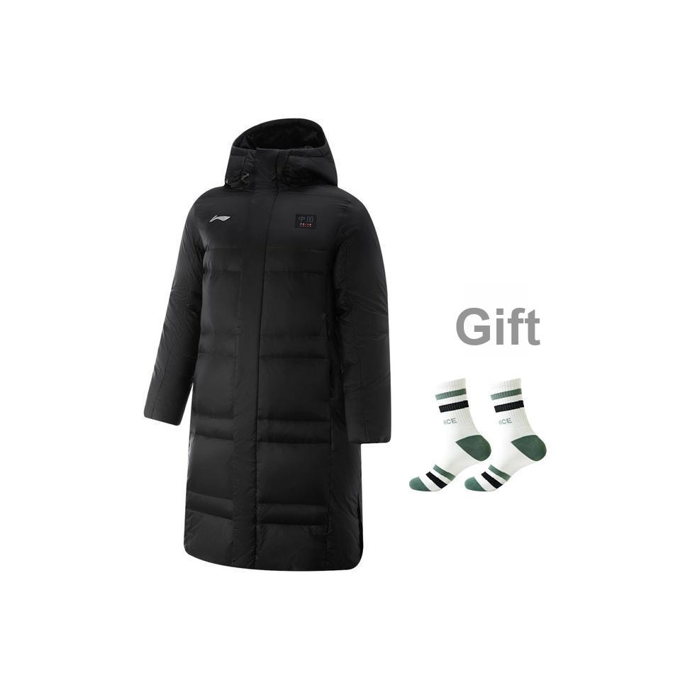 Li-Ning Comfortable Simple Versatile Long Hooded Sports Letter Down Jacket Unisex Outerwear Black AYMV379-1