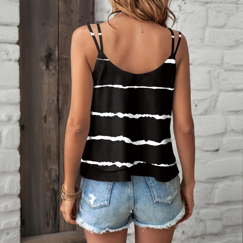 Women's Striped Print Tops Sleeveless O-Neck Camisole T-shirt