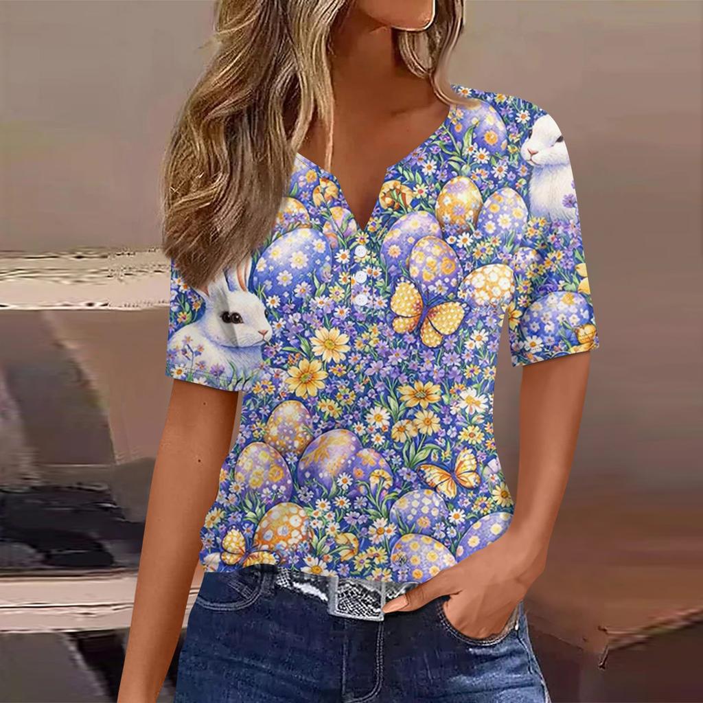 Tricou damă, tricou cu imprimeu, nasturi, mânecă scurtă, tunică, modă zilnică de weekend, top simplu cu decolteu în V, stil regulat