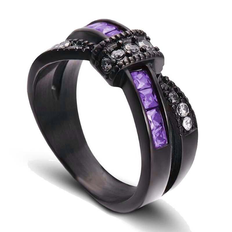 His and Hers Couple Rings Black Gold Color Womens Purple Zircon Wedding Ring Titanium Steel Mens Ring Wedding Band Jewelry Gifts