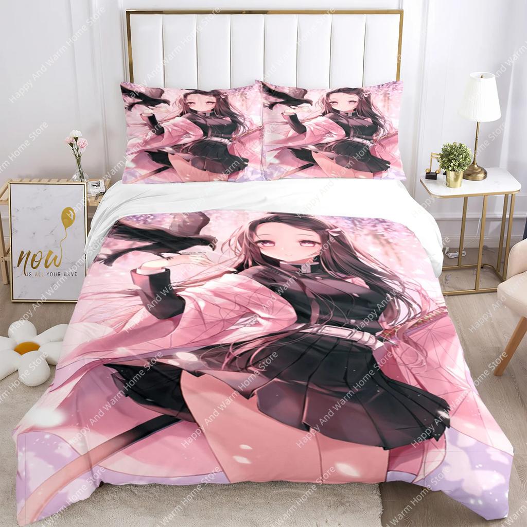 Anime Demon Slayer Print Bedding Set 2/3pieces Nezuko Bed Linen Queen Double Single King Size Duvet Cover Set Boys Adults Gift