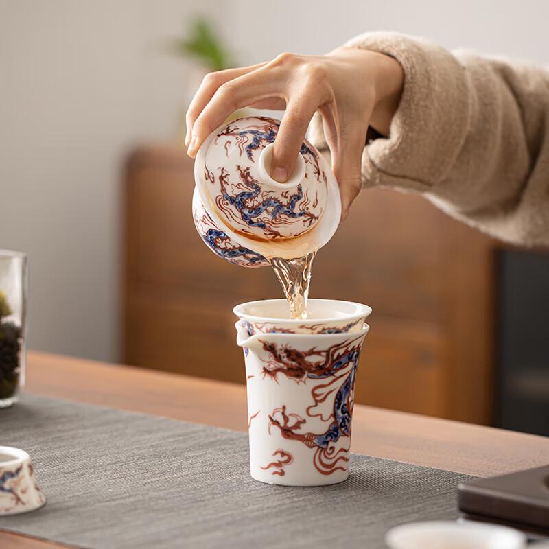 Auspicious Dragon Mutton Fat Jade Ceramic Sancai Gaiwan Kung Fu Tea Set