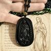 Retro Style Imitation Obsidian Carved Statue Pendant Necklace Unique Design Religious Jewelry for Street Wear