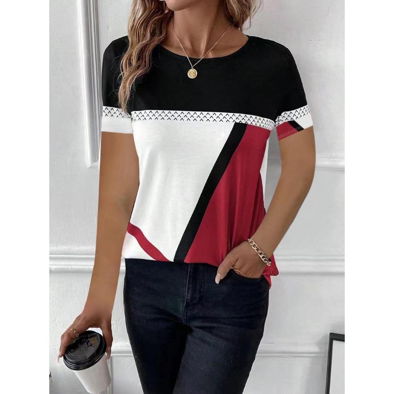 Women Crew Neck Geometric Color Block Print Short Sleeve Loose Casual Tee