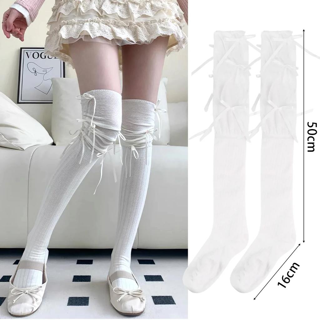 Lolita Long Socks Women Bandage Ribbon Bow Sweet Girls Kawaii Cute Over Knee Socks Ballet Style Solid Color Black White Socks
