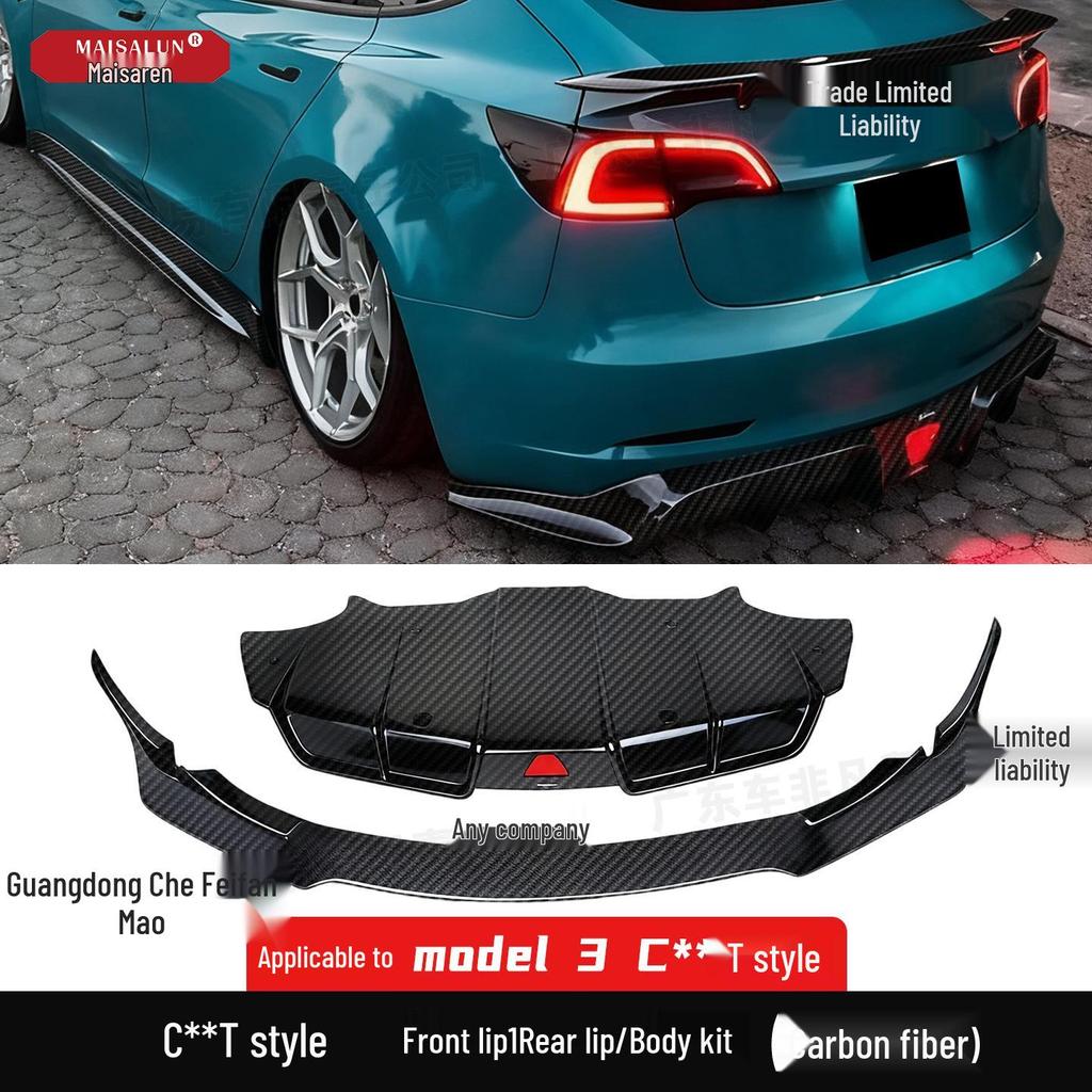 Tesla Model 3 C**T Style Carbon Fiber Body Kit: Front & Rear Lip Splitters.