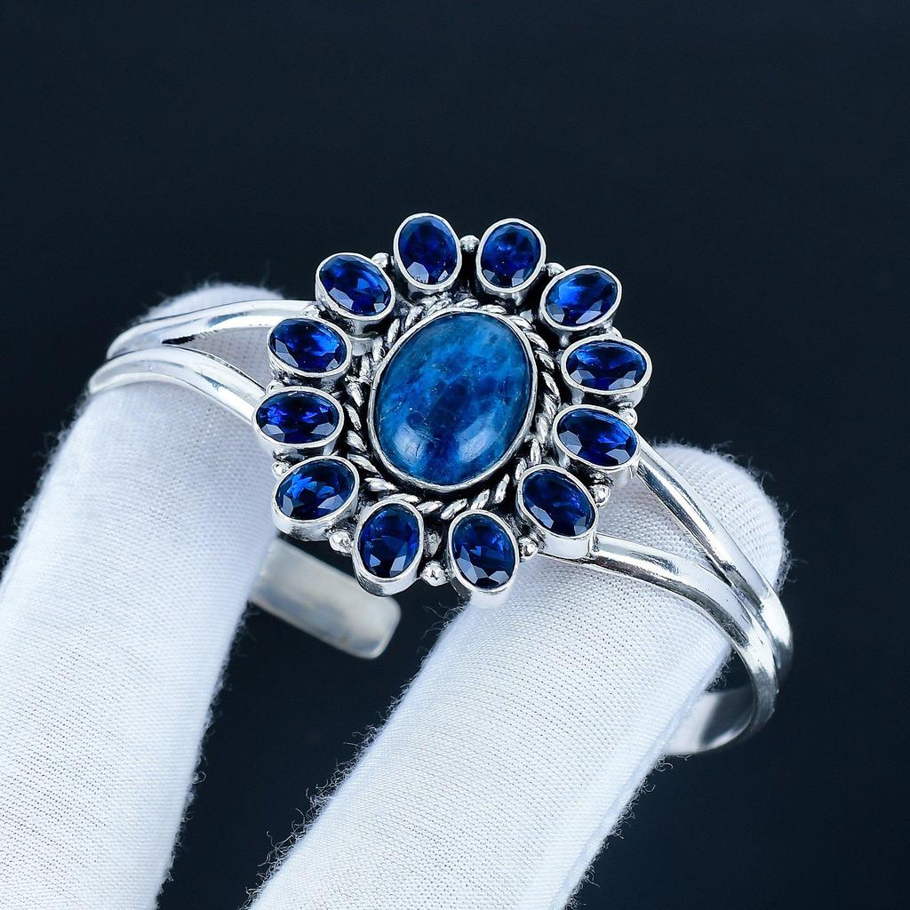 Natural Sodalite Gemstone Handmade Cuff Bangle 925 Sterling Silver Cuff Bangle, Blue Sapphire Flower Shape Bracelet For Wife, Unisex Bangle