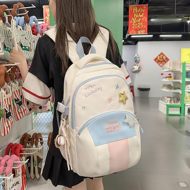 Letters Blocked Color Star Embroidery Pattern Student Backpack With Pendant