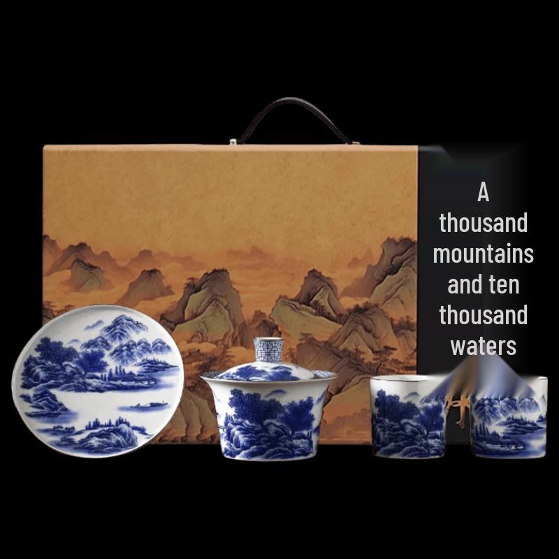 Traditional Chinese Landscape Ceramic Tea Set with Gaiwan