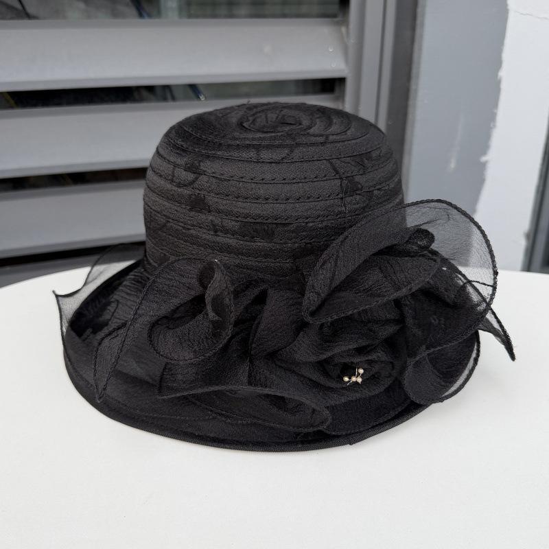 Hat women's summer big edge mesh yarn hat British retro organza flower sun hat outdoor sun protection beach sun hat