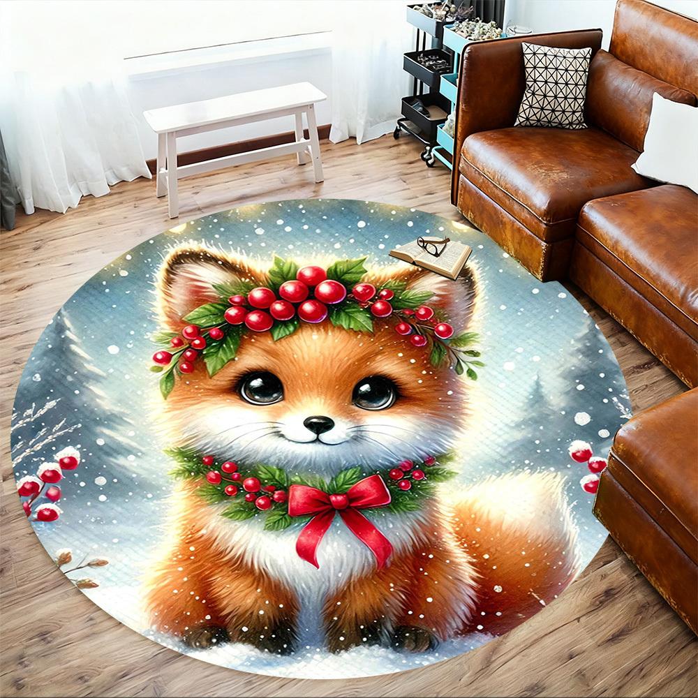 1pc Winter Fox Round Chair Mat Area Rug - Non-Slip, Floor Mat for Office, Bedroom, and Indoor Decor -1002095