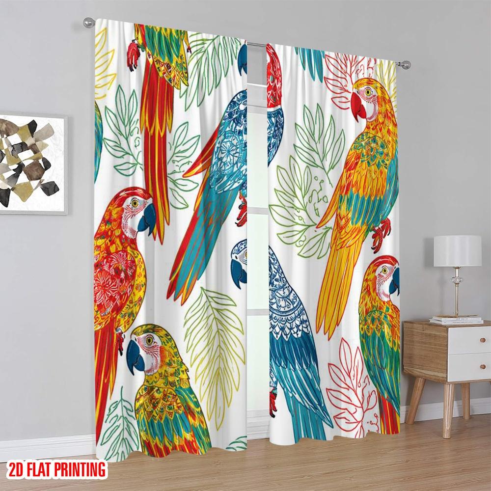 2D flat printing 2pcs Curtain Curtains Colorful Parrots Among Leaves Digital Printed Polyester Drapes Family Party Decoration