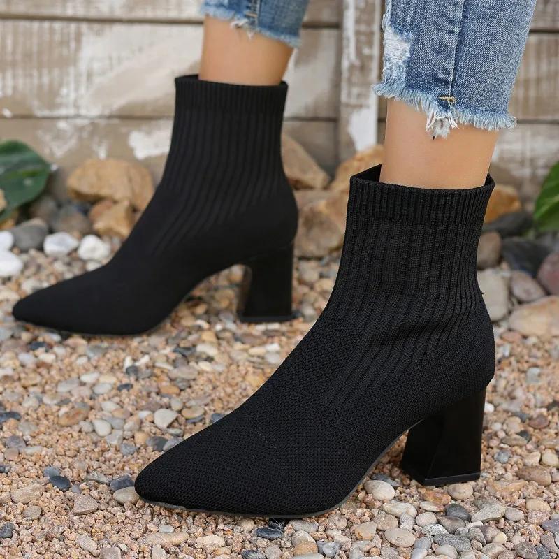 Fashion 2024 Hot Sale Ladies Shoes Ankle Women's Boots Plus Size Knitted Boots Women Pointed Toe Slip on High Chunky Heels Shoes Women