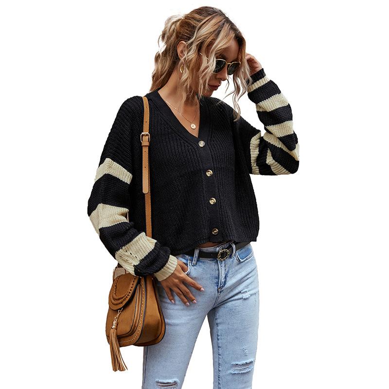 Casual Trend Versatile Autumn V-neck Colorblocking Knit Striped Sweater Short Jacket Women Cardigan