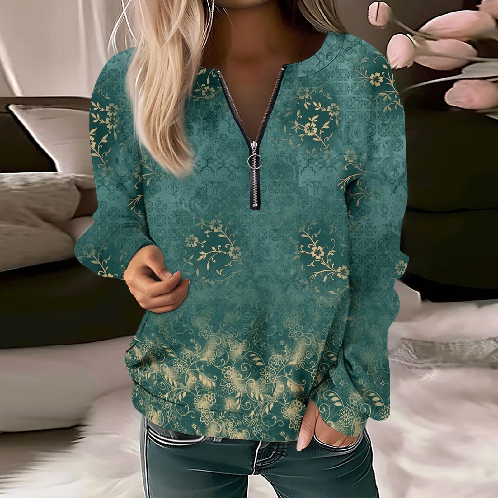 

Женский повседневный свитер с длинным рукавом, на молнии, с принтом цветов, свитшот, повседневная верхняя одежда на осень XXXL темно-зеленого