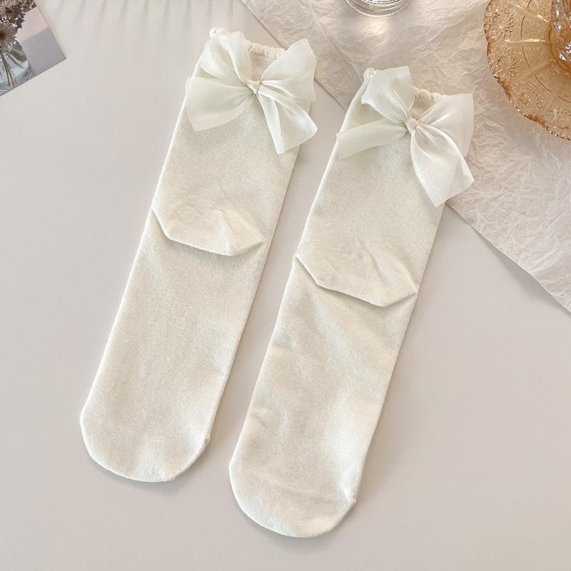 Japanese JK Sweet Bowknot Tied Middle Tube Socks Women Heel Bow Socks Casual Black White Pile Socks Girls Sports Cotton Socks