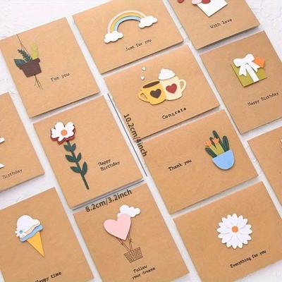 12pcs 3D Greeting Cards Suit with Envelope Birthday Gift Thanksgiving Blessing Thank You Card Retro DIY Homemade Materials