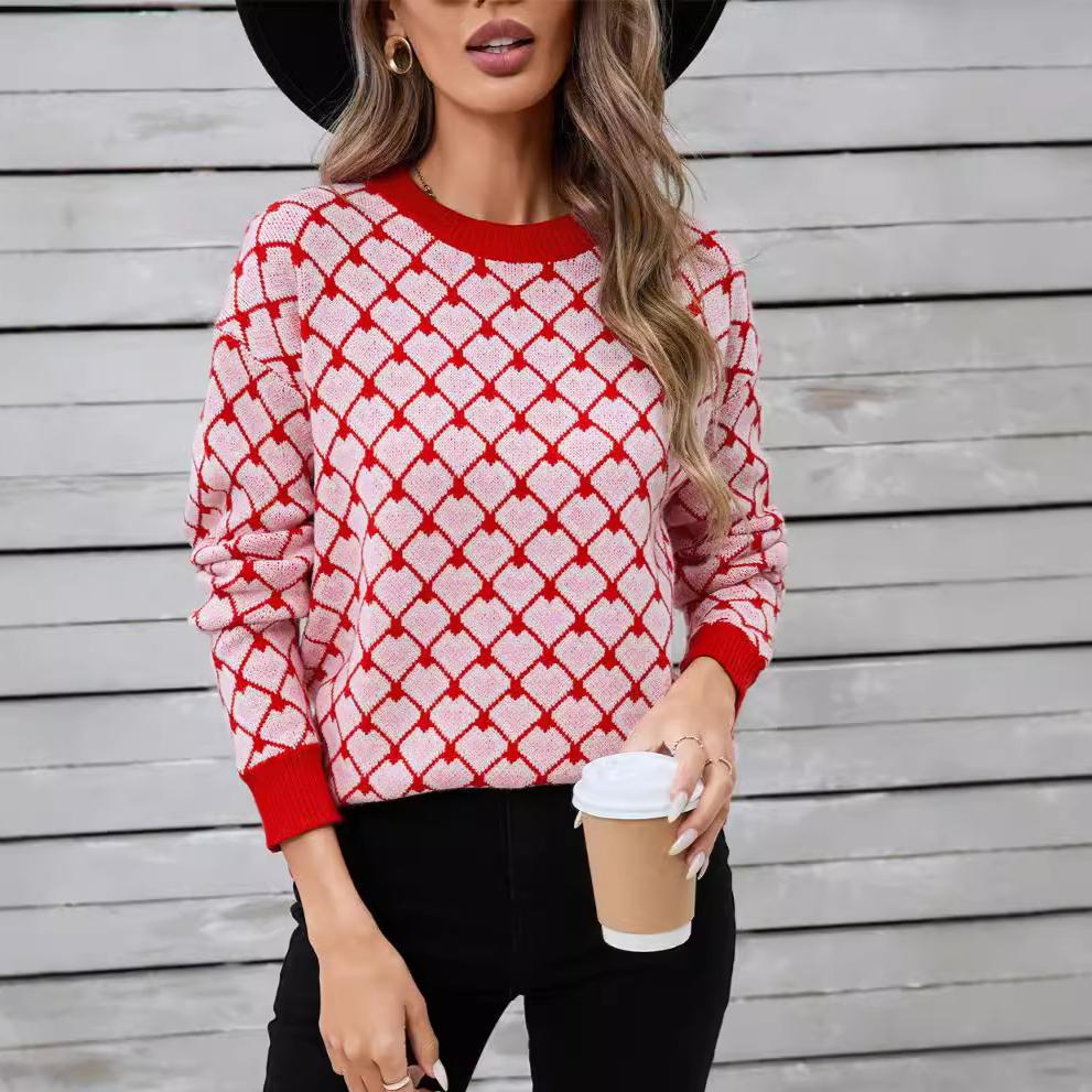 Winter Women's Sweater Love Valentine's Day Pullover Peach Heart Color Clash Sweater