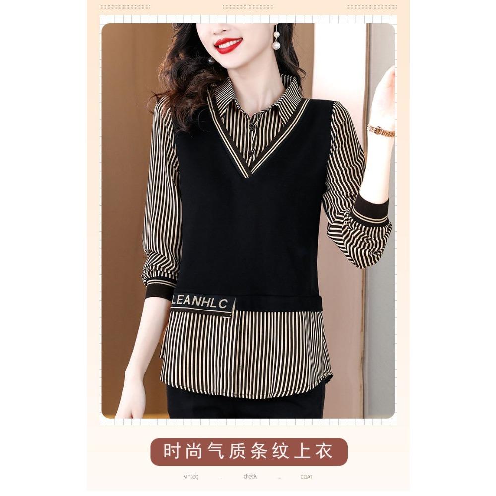 Fashionable Autumn New Long Sleeved Western-style Women's Patchwork Fake Two-piece Shirt Retro Versatile Top