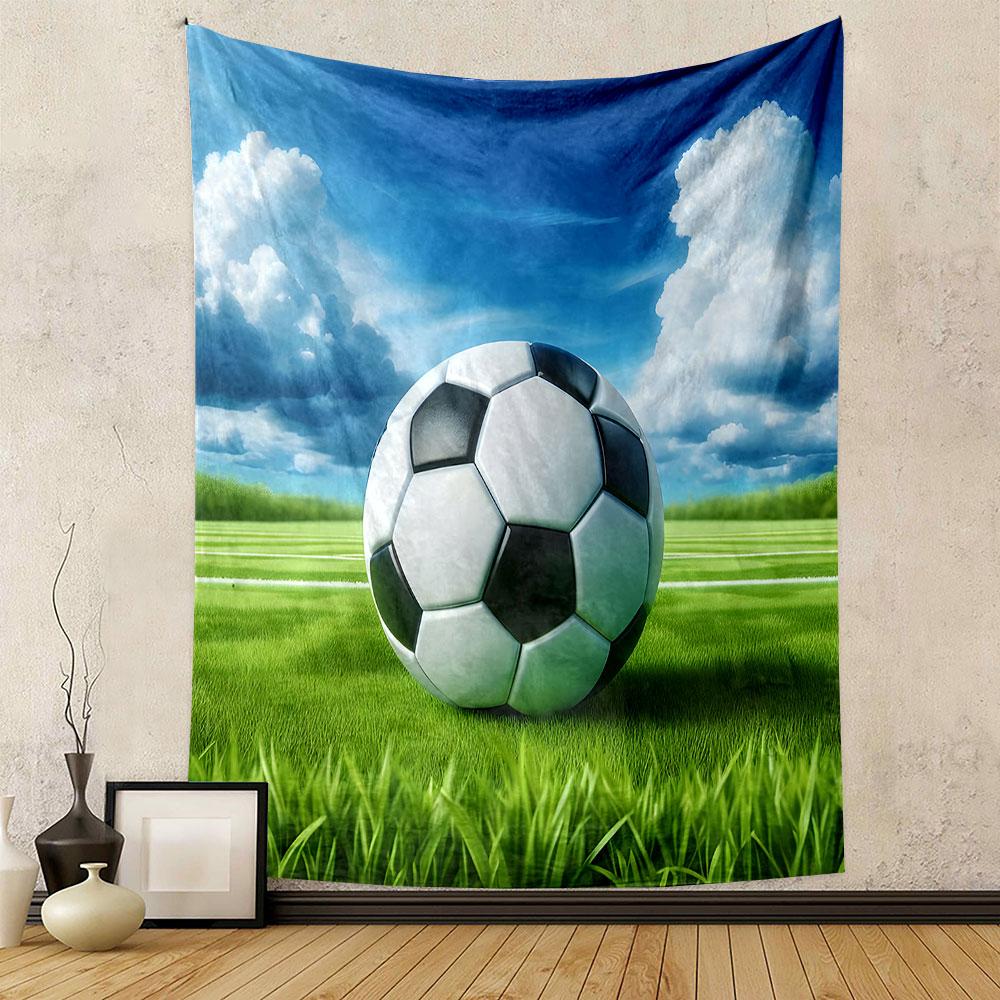 Soccer Ball on Green Field Patterned tapestry home decor, suitable for bedroom and living room, gift