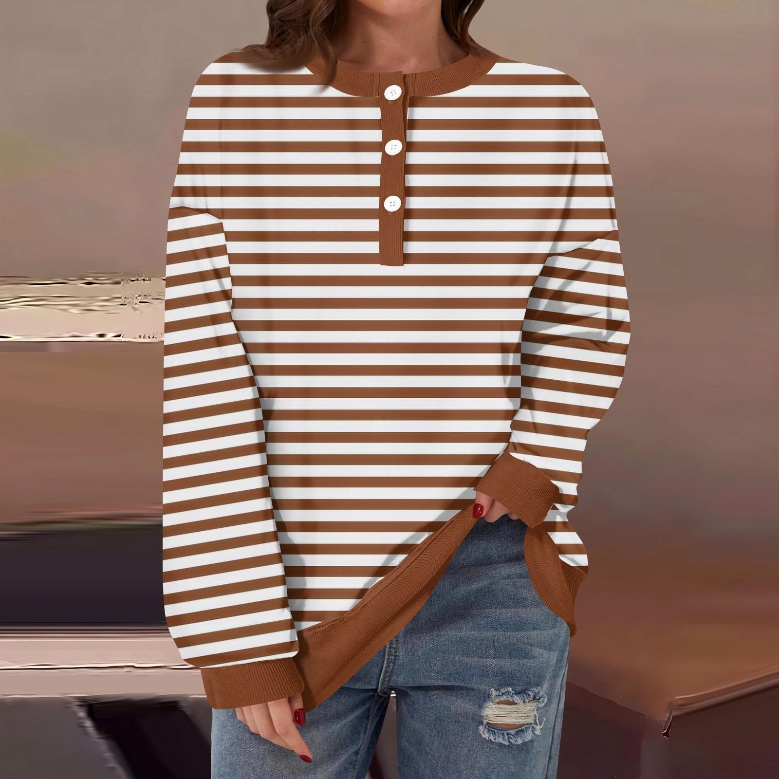 

Женская повседневная мода удобная полосатая футболка с длинным рукавом и круглым вырезом на пуговицах, свободный подол с боковыми разрезами XL